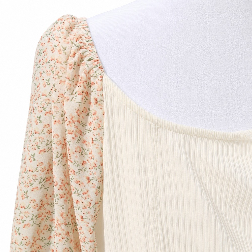 Heyson Floral Puff Sleeve Ribbed Bodysuit Cream Pink 1XL New NWT Cottagecore - Picture 7 of 12
